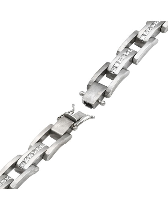 Gentlemans Diamond Rectangular Link Bracelet in White Gold